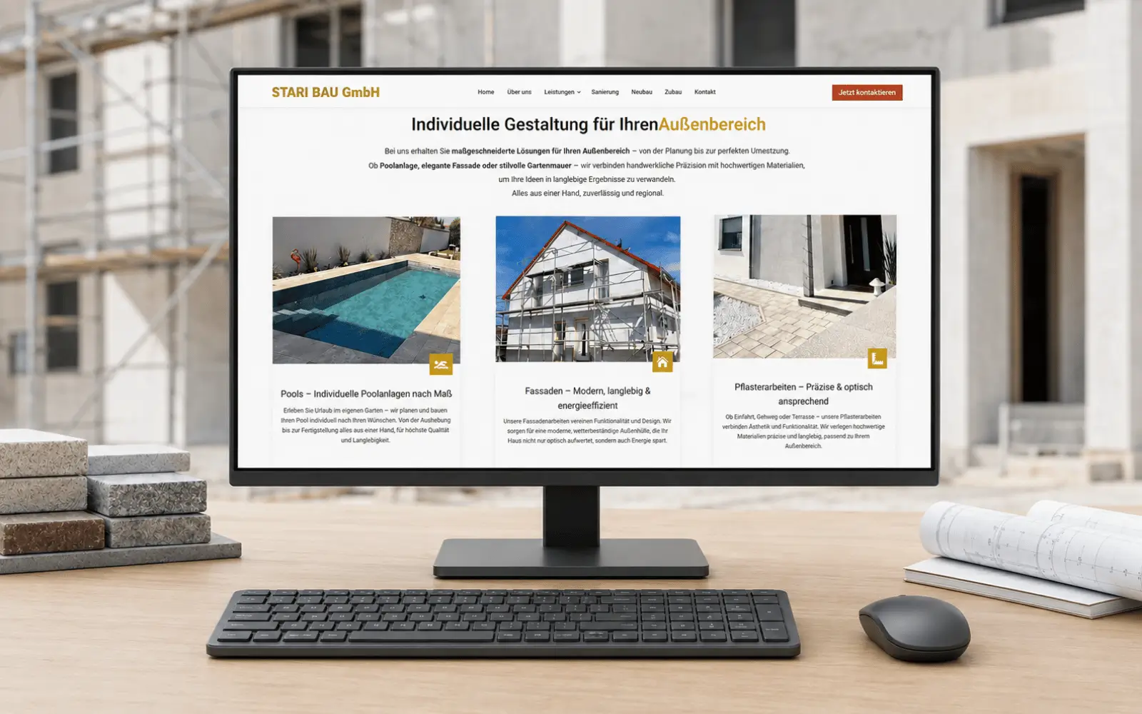 Leistungsbereich der Website der Stari Bau GmbH mit Pools, Fassaden und Pflasterarbeiten als Desktop-Mockup