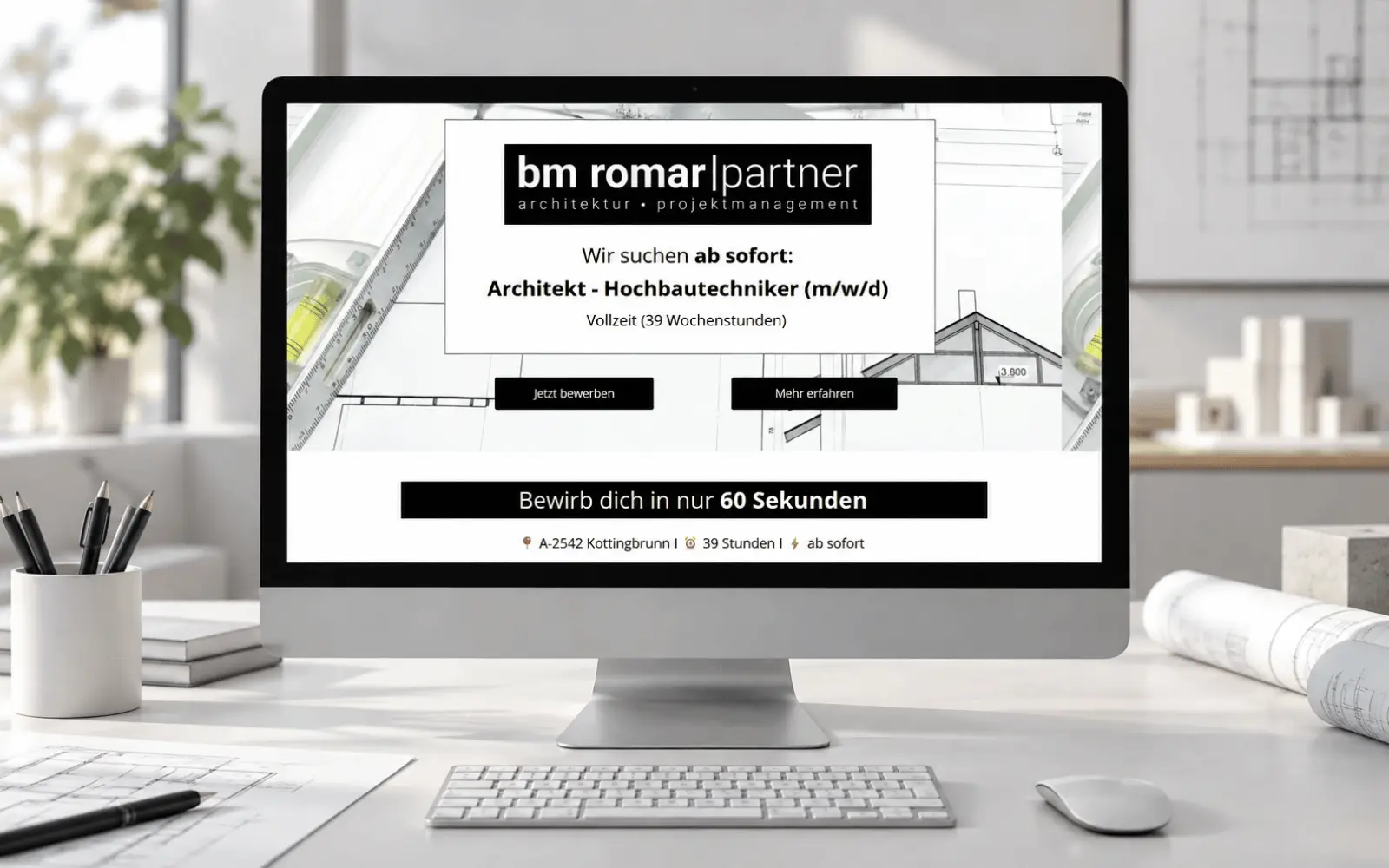 Recruiting-Landingpage von bm romar & partner für Architekt und Hochbautechniker auf einem Desktop-Monitor